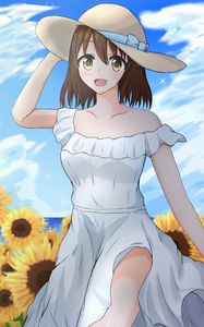 Preview wallpaper girl, smile, hat, sunflowers, field, anime