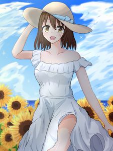 Preview wallpaper girl, smile, hat, sunflowers, field, anime