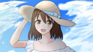Preview wallpaper girl, smile, hat, sunflowers, field, anime