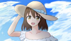 Preview wallpaper girl, smile, hat, sunflowers, field, anime