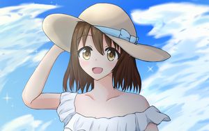 Preview wallpaper girl, smile, hat, sunflowers, field, anime