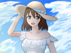 Preview wallpaper girl, smile, hat, sunflowers, field, anime