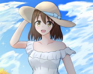 Preview wallpaper girl, smile, hat, sunflowers, field, anime