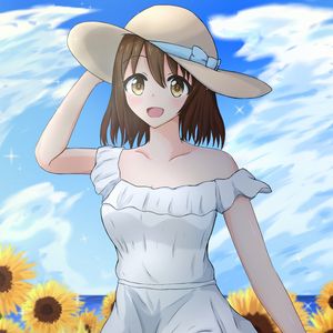 Preview wallpaper girl, smile, hat, sunflowers, field, anime