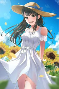 Preview wallpaper girl, smile, hat, sunflowers, summer