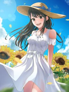 Preview wallpaper girl, smile, hat, sunflowers, summer