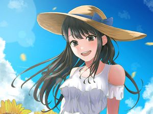 Preview wallpaper girl, smile, hat, sunflowers, summer