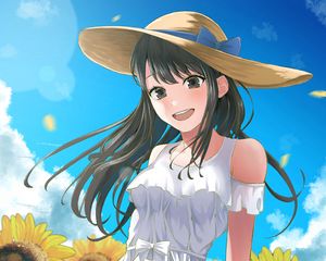 Preview wallpaper girl, smile, hat, sunflowers, summer