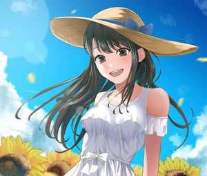 Preview wallpaper girl, smile, hat, sunflowers, summer