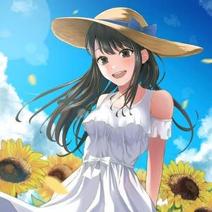 Preview wallpaper girl, smile, hat, sunflowers, summer