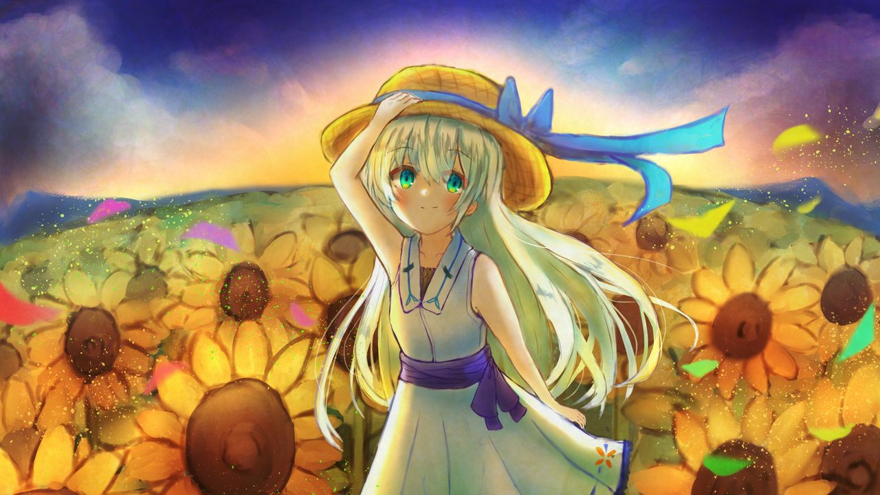 Wallpaper girl, smile, hat, dress, sunflowers, anime