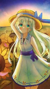 Preview wallpaper girl, smile, hat, dress, sunflowers, anime