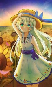 Preview wallpaper girl, smile, hat, dress, sunflowers, anime