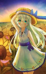 Preview wallpaper girl, smile, hat, dress, sunflowers, anime