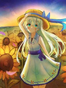 Preview wallpaper girl, smile, hat, dress, sunflowers, anime