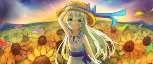 Preview wallpaper girl, smile, hat, dress, sunflowers, anime