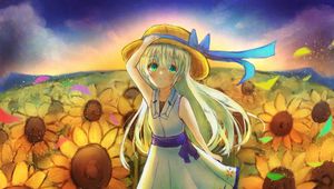 Preview wallpaper girl, smile, hat, dress, sunflowers, anime