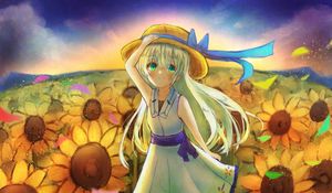 Preview wallpaper girl, smile, hat, dress, sunflowers, anime