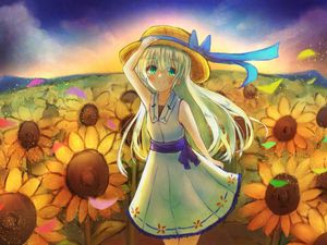 Preview wallpaper girl, smile, hat, dress, sunflowers, anime