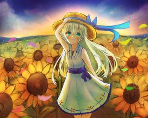 Preview wallpaper girl, smile, hat, dress, sunflowers, anime