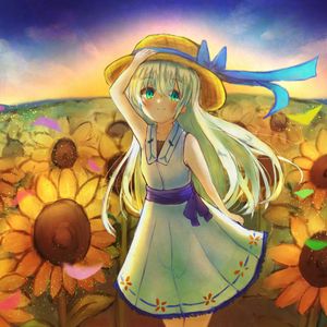 Preview wallpaper girl, smile, hat, dress, sunflowers, anime