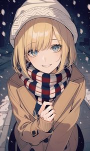 Preview wallpaper girl, smile, hat, scarf, anime