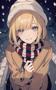 Preview wallpaper girl, smile, hat, scarf, anime