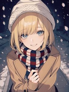 Preview wallpaper girl, smile, hat, scarf, anime
