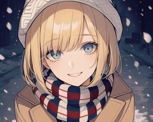 Preview wallpaper girl, smile, hat, scarf, anime