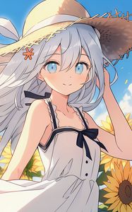 Preview wallpaper girl, smile, hat, sunflowers, summer, anime