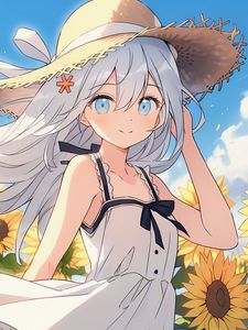 Preview wallpaper girl, smile, hat, sunflowers, summer, anime