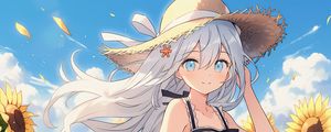 Preview wallpaper girl, smile, hat, sunflowers, summer, anime