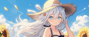 Preview wallpaper girl, smile, hat, sunflowers, summer, anime