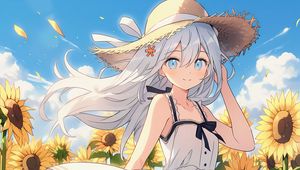 Preview wallpaper girl, smile, hat, sunflowers, summer, anime