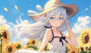 Preview wallpaper girl, smile, hat, sunflowers, summer, anime