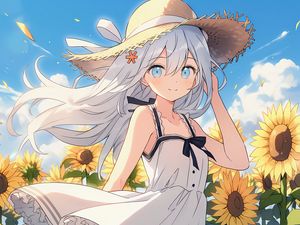 Preview wallpaper girl, smile, hat, sunflowers, summer, anime