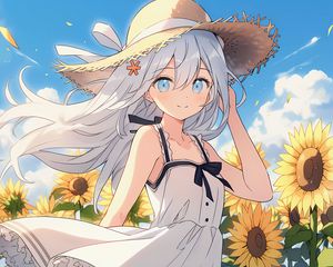 Preview wallpaper girl, smile, hat, sunflowers, summer, anime