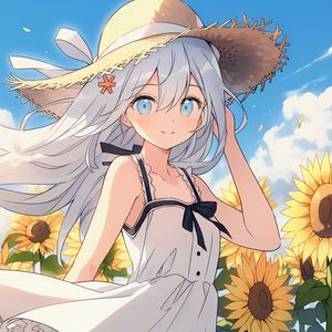 Preview wallpaper girl, smile, hat, sunflowers, summer, anime