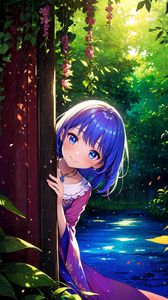 Preview wallpaper girl, smile, hiding, leaves, flowers, anime