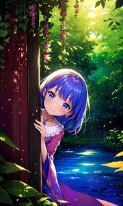 Preview wallpaper girl, smile, hiding, leaves, flowers, anime