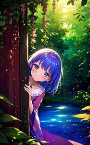 Preview wallpaper girl, smile, hiding, leaves, flowers, anime