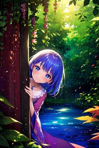 Preview wallpaper girl, smile, hiding, leaves, flowers, anime