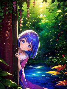 Preview wallpaper girl, smile, hiding, leaves, flowers, anime