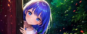 Preview wallpaper girl, smile, hiding, leaves, flowers, anime