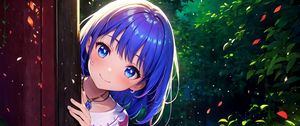 Preview wallpaper girl, smile, hiding, leaves, flowers, anime