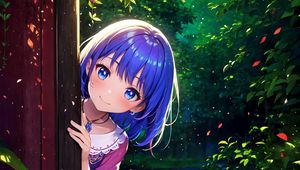 Preview wallpaper girl, smile, hiding, leaves, flowers, anime