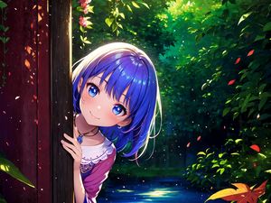 Preview wallpaper girl, smile, hiding, leaves, flowers, anime