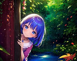 Preview wallpaper girl, smile, hiding, leaves, flowers, anime