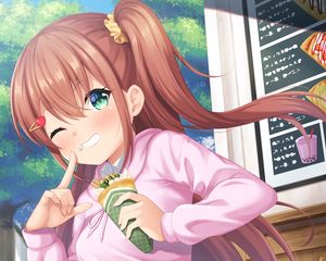 Preview wallpaper girl, smile, horn, ice cream, anime