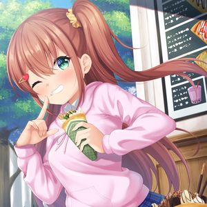 Preview wallpaper girl, smile, horn, ice cream, anime